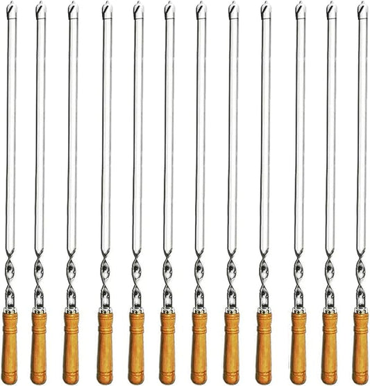 12 Pack Kabob Skewers BBQ Barbecue Skewers Stainless Steel Sticks 22 Inch Heavy Duty Large Wide Reusable with Nonslip Wooden Handle Ideal for Shish Kebab Chicken Shrimp and Vegetables