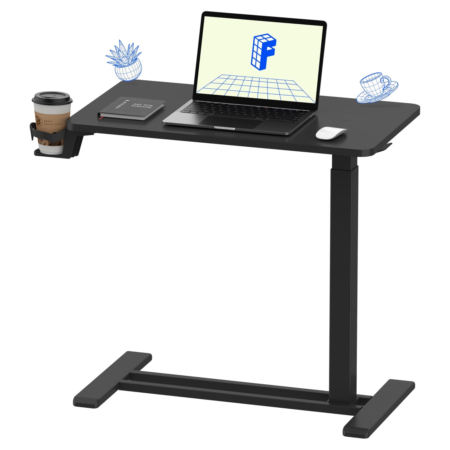 FLEXISPOT H7 Adjustable Overbed Bedside Table with Wheels Pneumatic Mobile Standing Desk Laptop Desk Rolling Computer Cart Movable Overbed Tables Hospital Home Use(27.6" W x 15.7" D, Black Table)