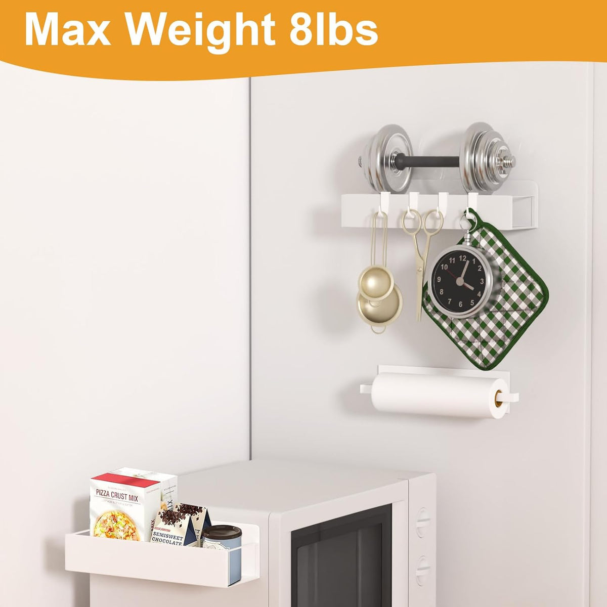 4 Pack Magnetic Spice Rack for Refrigerator,Metal Magnetic Shelf White with Hook,Magnetic Knife Rack,4 Hooks,Space Saving for Home,Kitchen