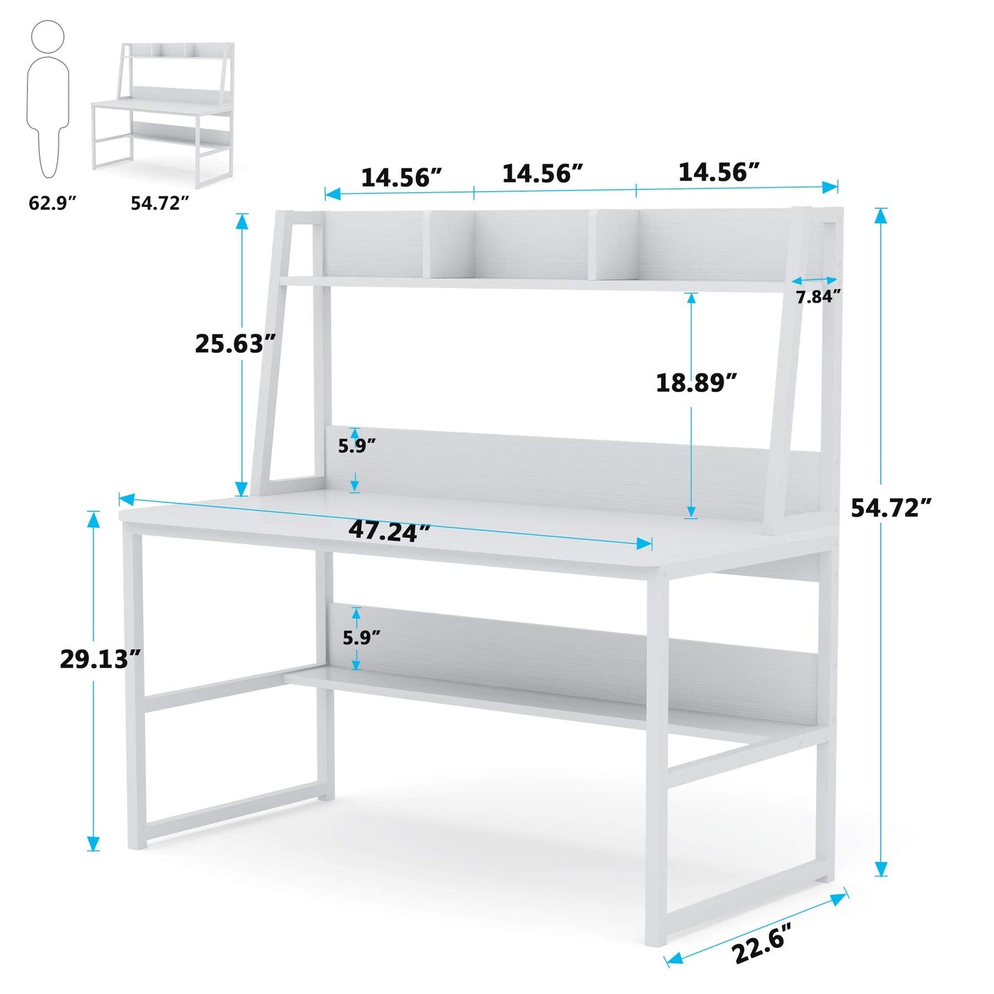 Tribesigns Computer Desk, 47 inch Office Desk with Hutch and Bookshelf, Modern Study Writing Table for Home Office (All White)