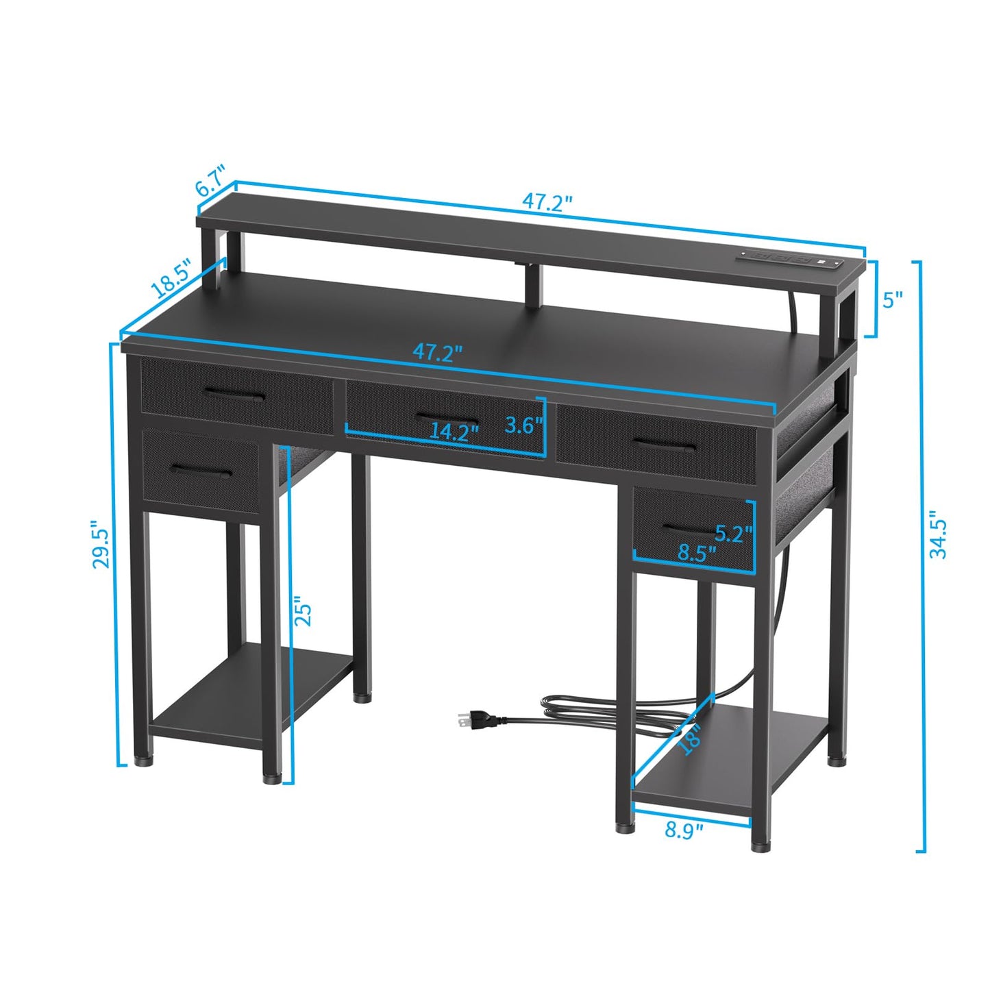 Uniheim Black Computer Desk with Drawers, Gaming Desk with LED Light & Power Outlet, 47" Home Office Desk with Large Storage & Monitor Stand for Small Space