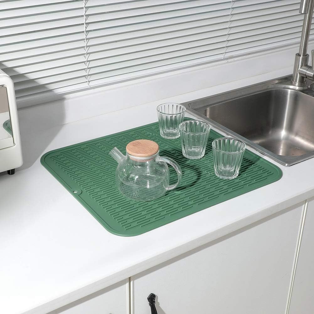 Silicone Dish Drying Mat for Multiple Usage,Easy clean,Eco-friendly,Heat-resistant Silicone Mat for Kitchen Counter or Sink,Refrigerator or Drawer Liner Green XL 18 inches x 16 inches