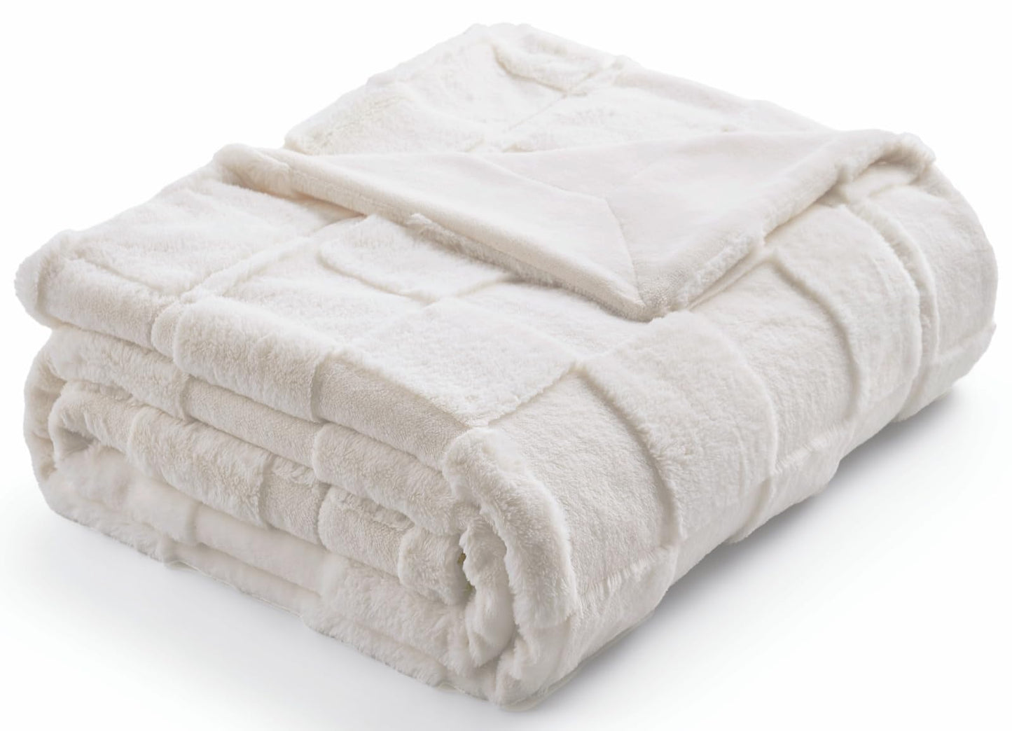 Cozy Bliss Checkered White Faux Rabbit Fur Throw Blanket, Soft Fuzzy Fluffy Minky Cream Furry Blankets for Couch, Bed (50 * 60 Inches Ivory)