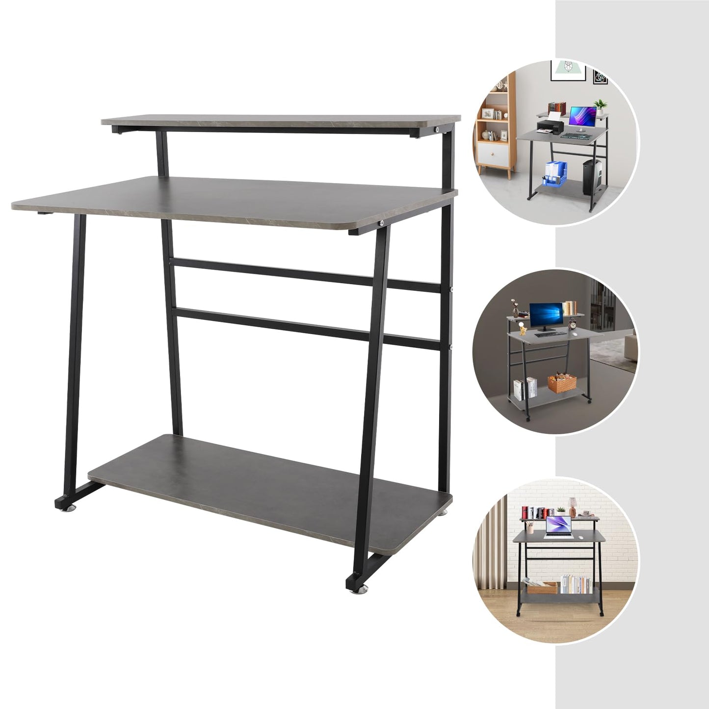 CNCEST Rolling Computer Desk, 3-Tier Computer Desk, 36inch Home Office Desk with Storage Shelves Used As A Computer Table, Study Table, Reading Table, Writing Table 31.5 * 19.69in (Black+Grey)