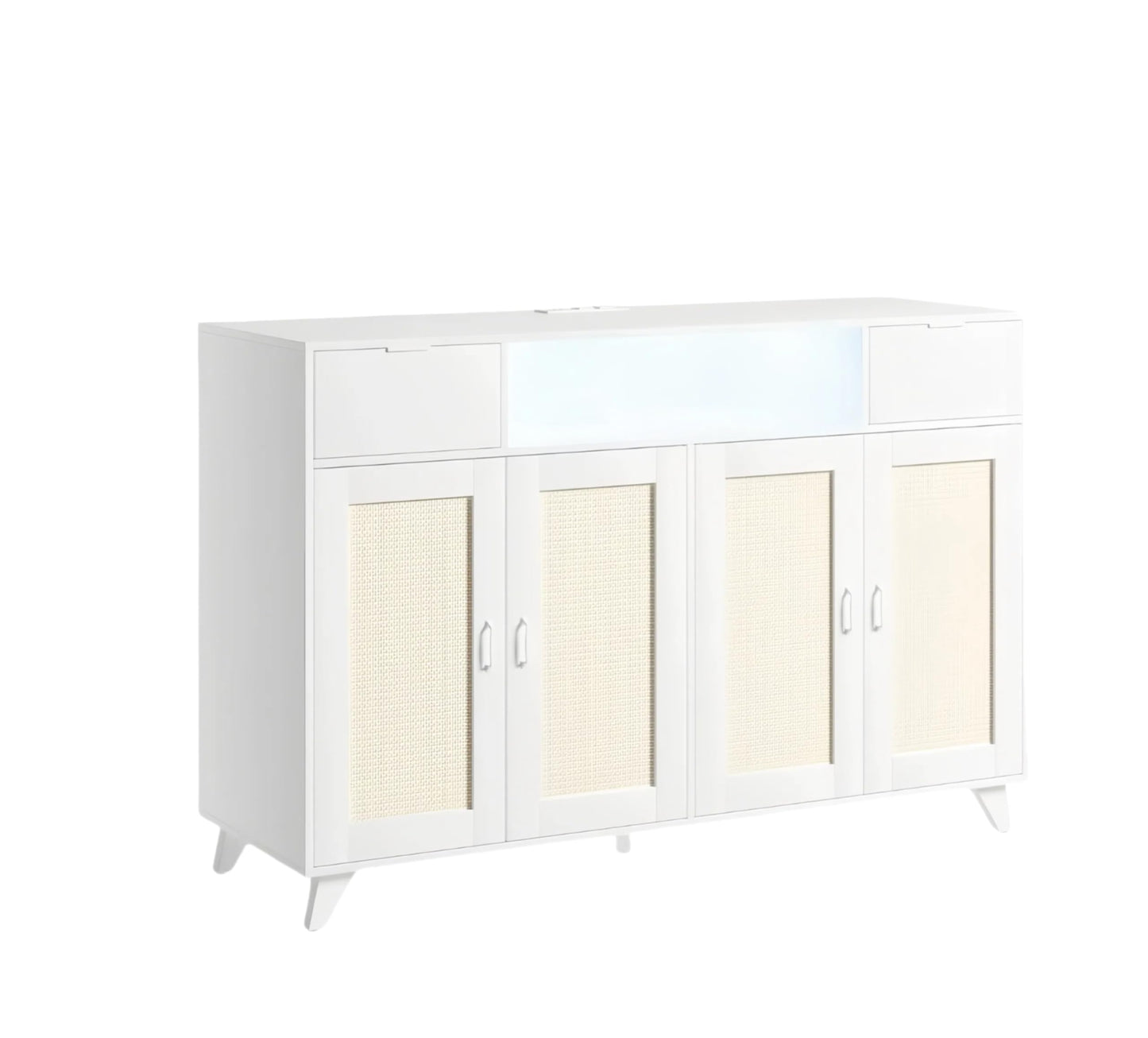 Rattan Sideboard Buffet Cabinet With LED Lights, 2 Drawers 2 Doors Storage Cabinet, Modern Console Table With Power Outlet & Adjustable Shelves, for Dining Room, Kitchen, Living Room