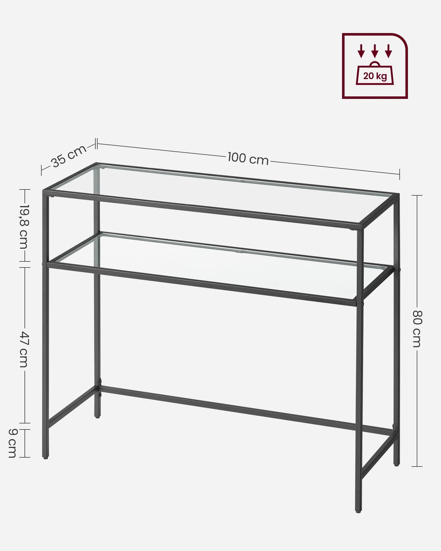 VASAGLE 39.4 Inch Console Sofa Table, Modern Entryway Table, Tempered Glass Table, Metal Frame, 2 Shelves, Adjustable Feet, for Living Room, Hallway, Black ULGT025B01