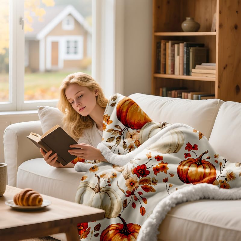 Lanpn Fall Pumpkin Flannel Throw Blanket, Soft Warm Flannel Sherpa Fleece Throws Orange Pumpkins Leaves Blanket for Couch Bed, Cozy Autumn Throw Blankets Farmhouse Thanksgiving Home Decor, 50"x60"