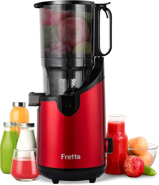Cold Press Juicer,Fretta Juicer Machines with American-Sourced PCTG Material and 5.3" Extra Large Feed Chute,Fit Whole Fruits & Vegetables,BPA Free 250W(Red,1.8L)