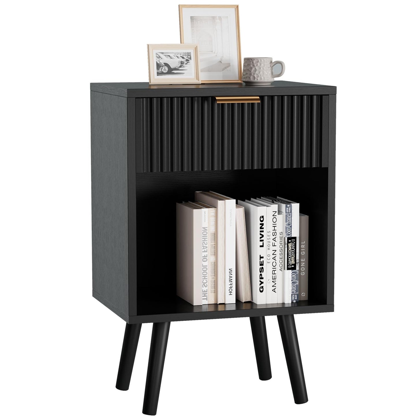 YMYNY Mid Century Modern Nightstand, Side Table, Fluted Night Stand with Drawer, Open Shelf Unit, Golden Handle, Solid Wood Legs, Bedside Table, for Bedroom, Black UHST013B