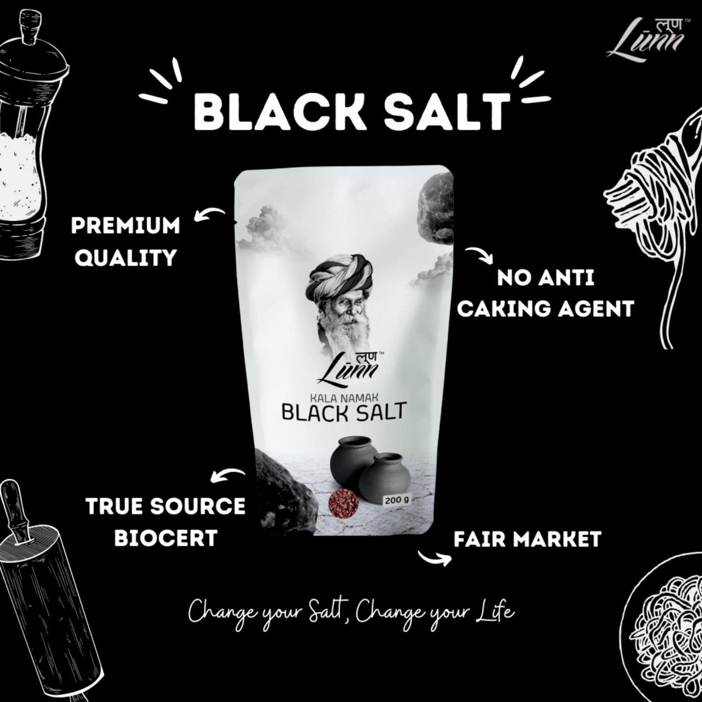LUNN Natural Crystals Black Salt (Kala Namak) | 7.05 Oz (200 Gm) | Rich in Minerals, Pure Unrefined Salt | NON-GMO | Gluten Free, Vegan