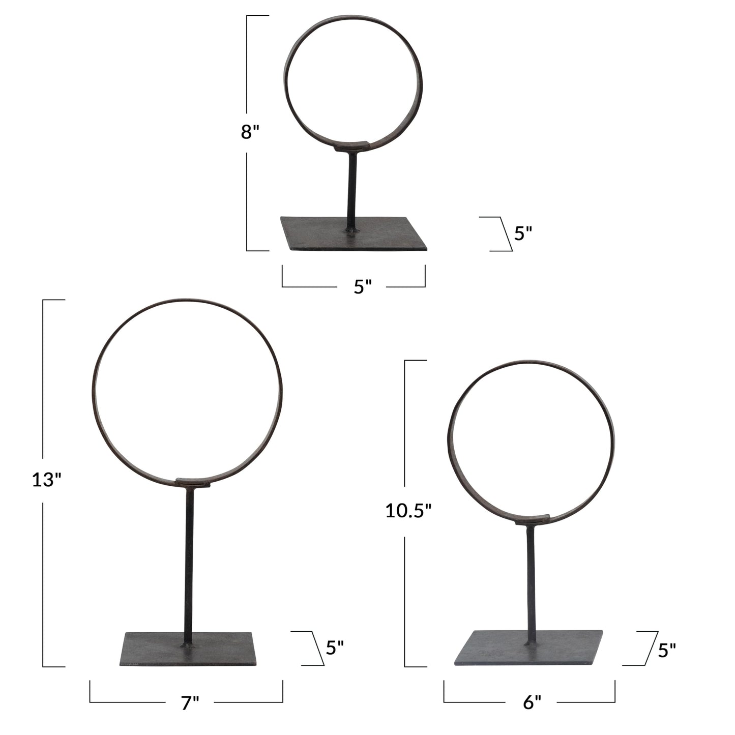 Creative Co-Op Decorative Modern Found Metal Rings on Stands, Black, Set of 3