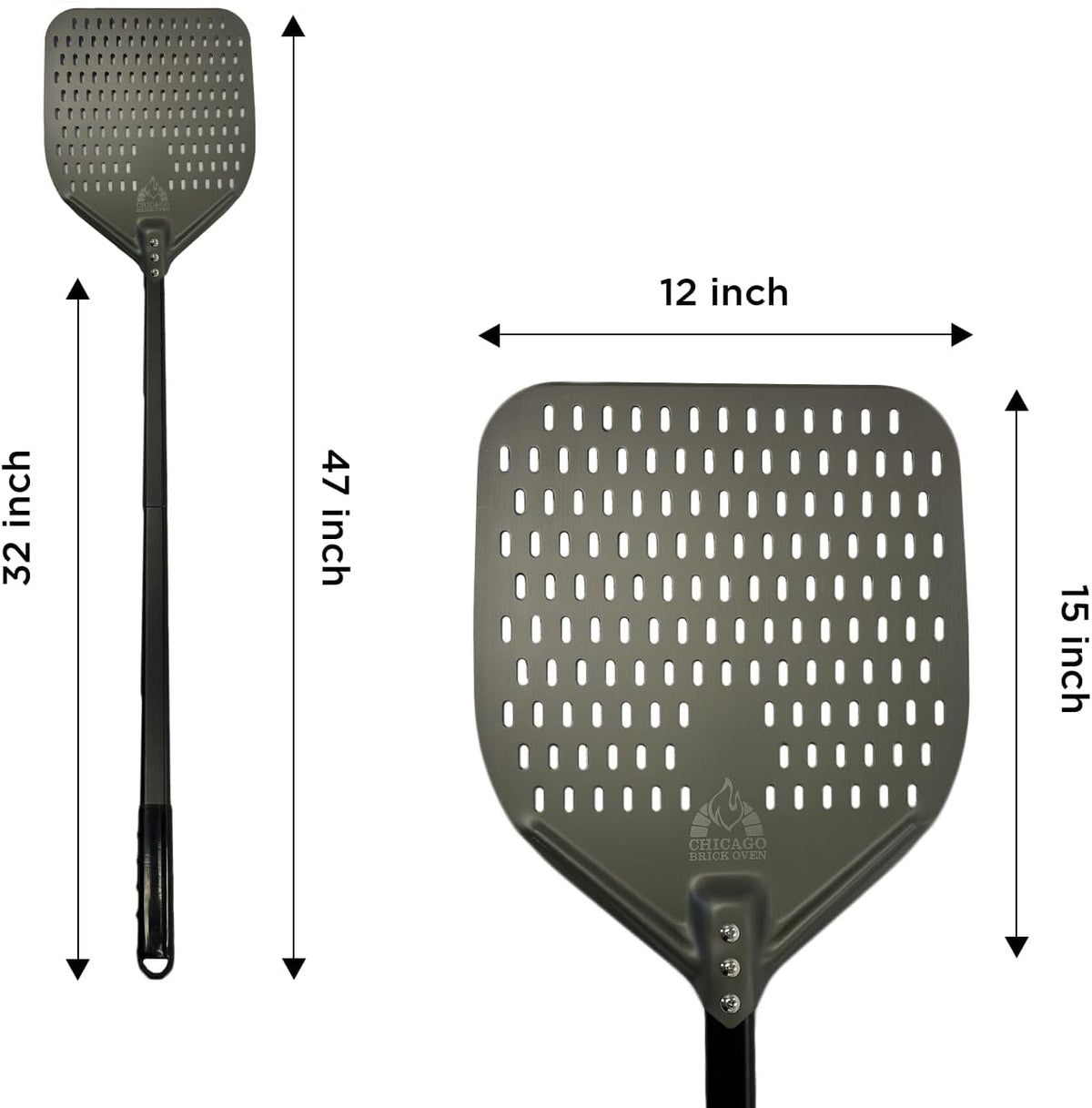 Chicago Brick Oven Perforated Pizza Peel - 12"x15" Anodized Aluminum Pizza Steel, 32" Handle, 47" Overall Length - Ideal Pizza Turning Peel for Pizza Oven, Brick Oven, Baking Bread