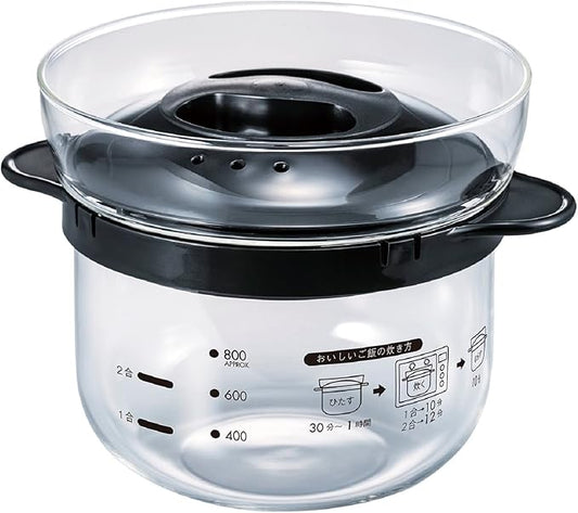 HARIO XRCN-2-B Glass Microwave Rice Pot, 1 to 2 Cups, For Microwaves, Black, 1 to 2 Cups, Made in Japan