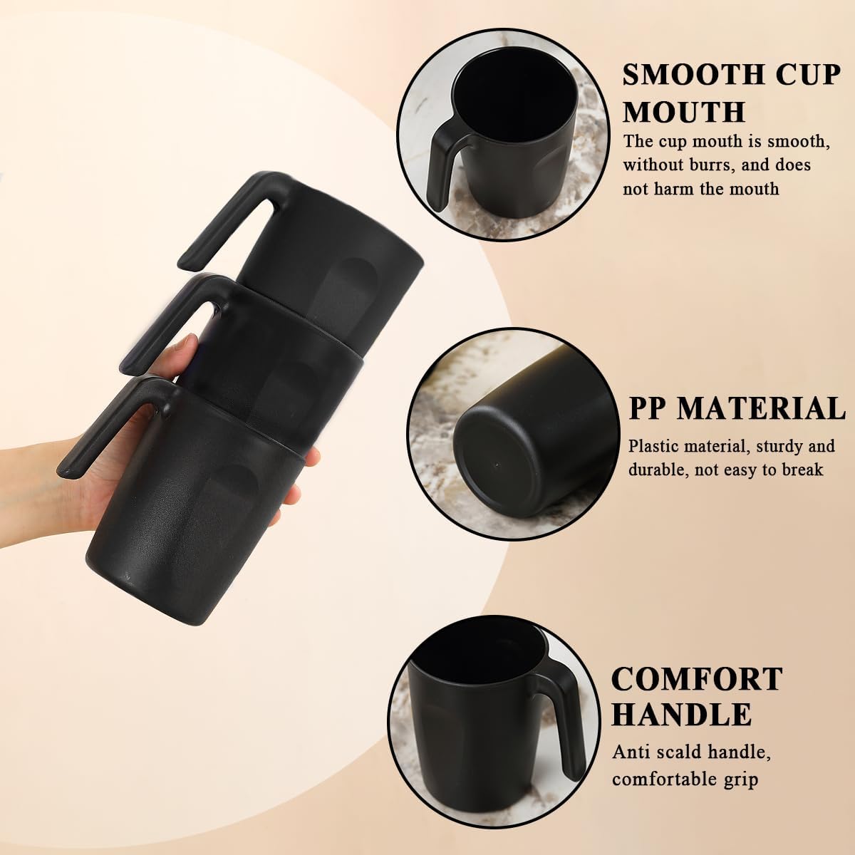 Kyraton Plastic Mug Set 12 Pieces, Black Unbreakable And Reusable Light Weight Travel Coffee Mugs Espresso Cups Easy to Carry And Clean, Dishwasher Safe