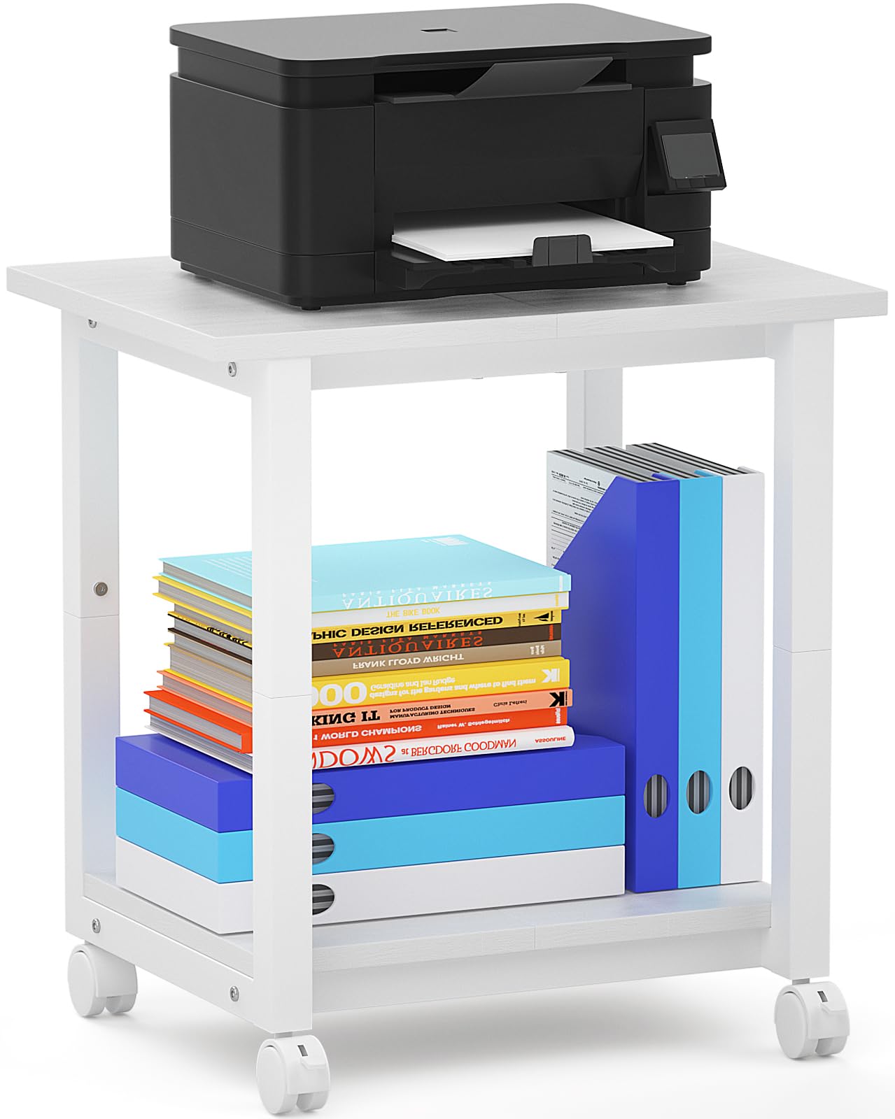 ITHWIU Under Desk Printer Stand, 2-Tier 19.5''x 16''x 22'' Rolling Printer Stand Storage Shelves for Printer, Scanner, Fax Machine, Files, Books with Anti-Skid Feet for Home, Office, White