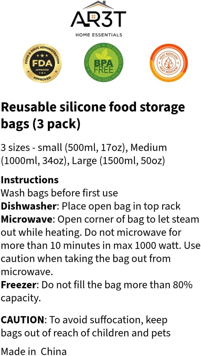 3 Pack Reusable Silicone Food Storage Bags, Stand Up Zip Container Set for Soup, Sandwich, Leftovers, Microwave Safe, BPA Free, AR3T Home Essentials (Multi Color 3 pack)