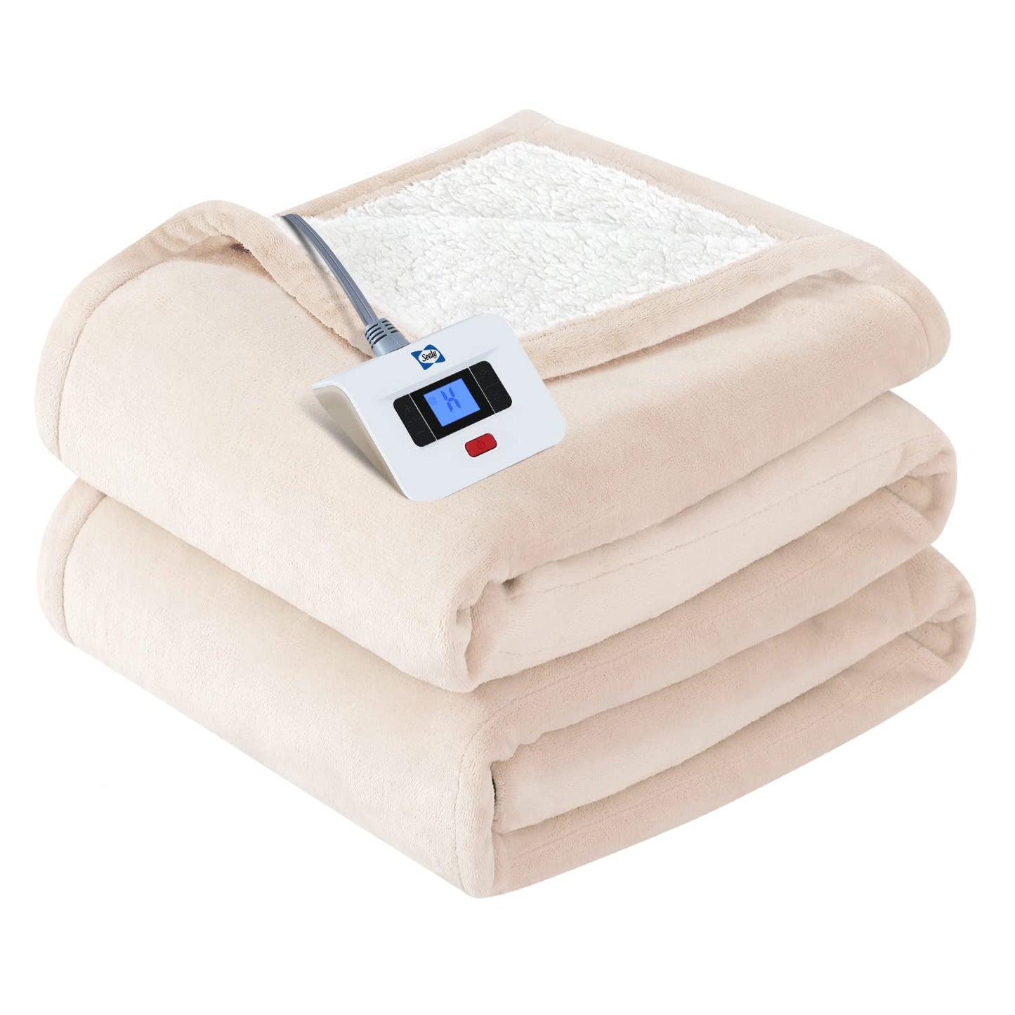 Sealy Electric Blanket Twin Size, Flannel & Sherpa Heated Blanket with 10 Heating Levels & 1-12 Hours Auto Off, Machine Washable, Beige, 62x 84 Inch