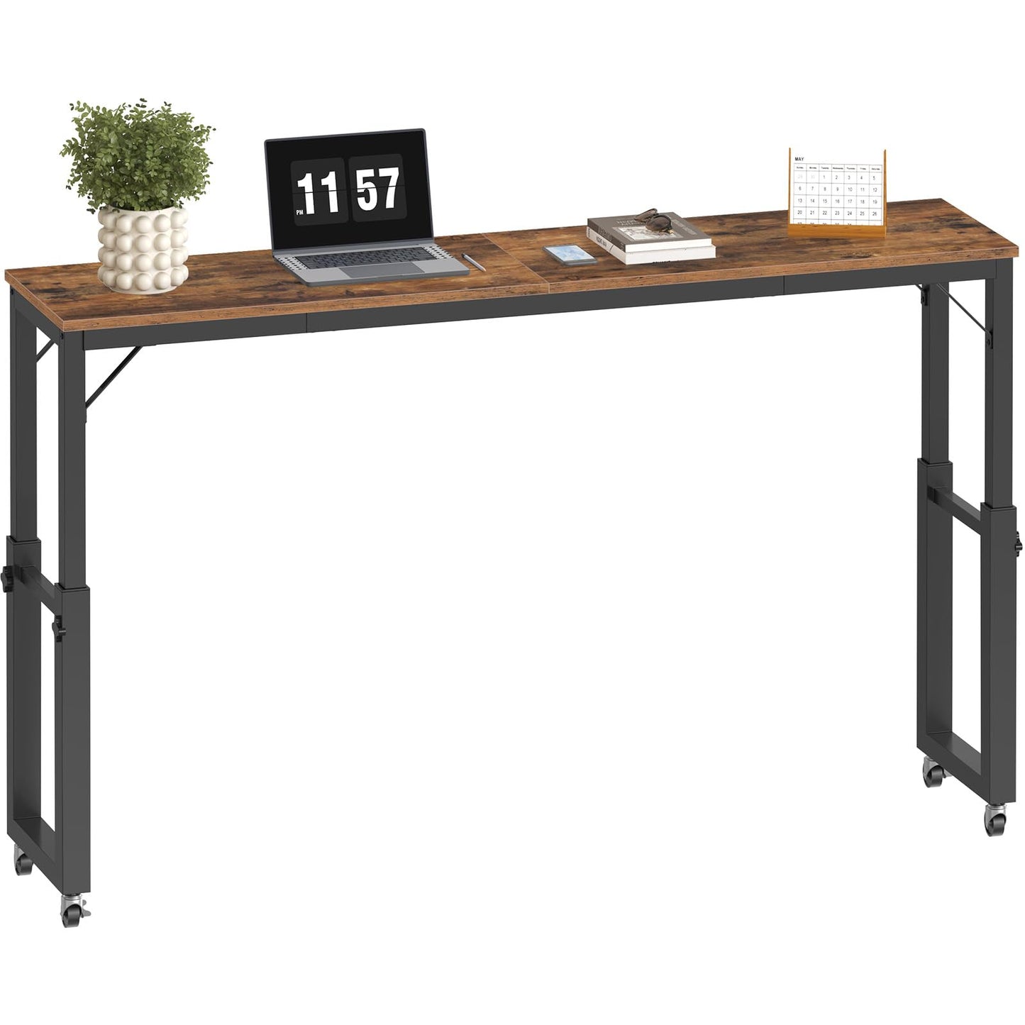 MAHANCRIS Overbed Table with Wheels, Queen Size Mobile Bed Desk with Adjustable Height, Rolling Table, Dining Table, Computer Desk, for Bedroom, Living Room, Office, Rustic Brown MTHR18001