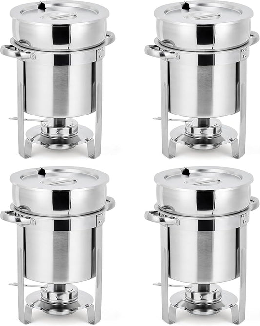 GarveeHome 11QT Soup Chafer Set of 4, Stainless Steel Round Soup Warmer with Pot, Notched Lids & Fuel Holders, Commercial Food Warmer for Buffets, Events and Party Service