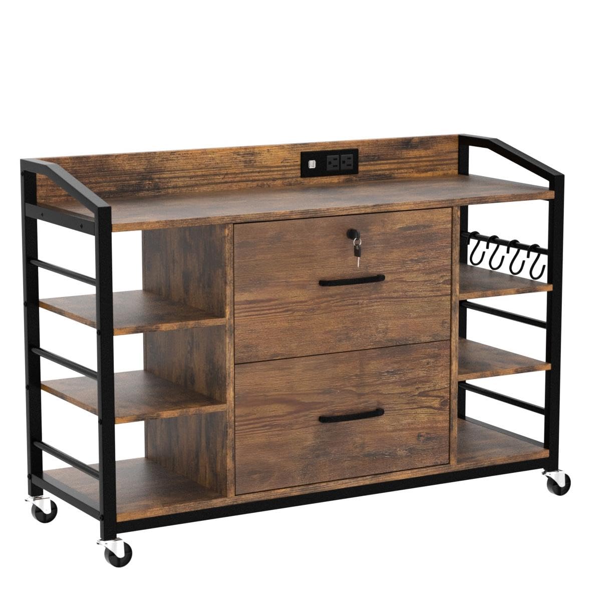 SEDETA 44" File Cabinet, Filing Cabinet fits Legal/Letter Size, 2 Drawer File Cabinets for Home Office with Lock, Power Strip, 6 Storage Shelves, Rustic Brown