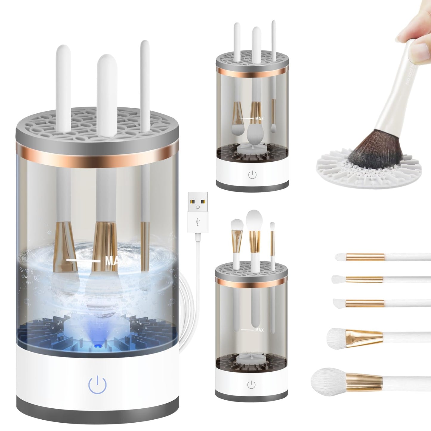 Efficient Electric Makeup Brush Cleaner Machine, Automatic Makeup Brush Cleaner for 3-4 Brushes at a Time, 7000 RPM Ensures Thorough Cleaning, Includes Silicone Pad (Black)