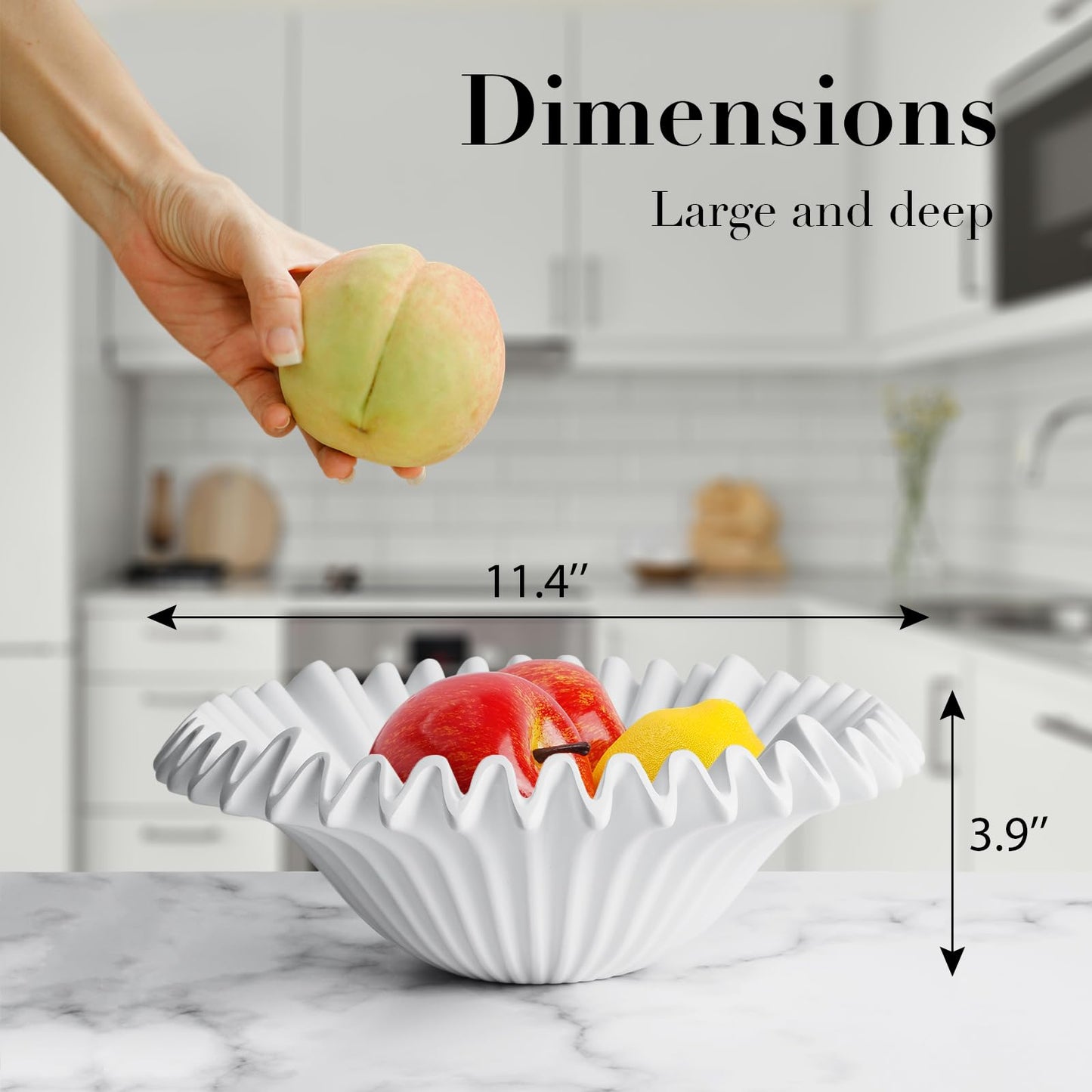 11.4'' Large Decorative Bowl - Fruit Bowl for Kitchen Counter, Key Bowl for Entryway Table, Modern Home Decor Accents, Scalloped, White