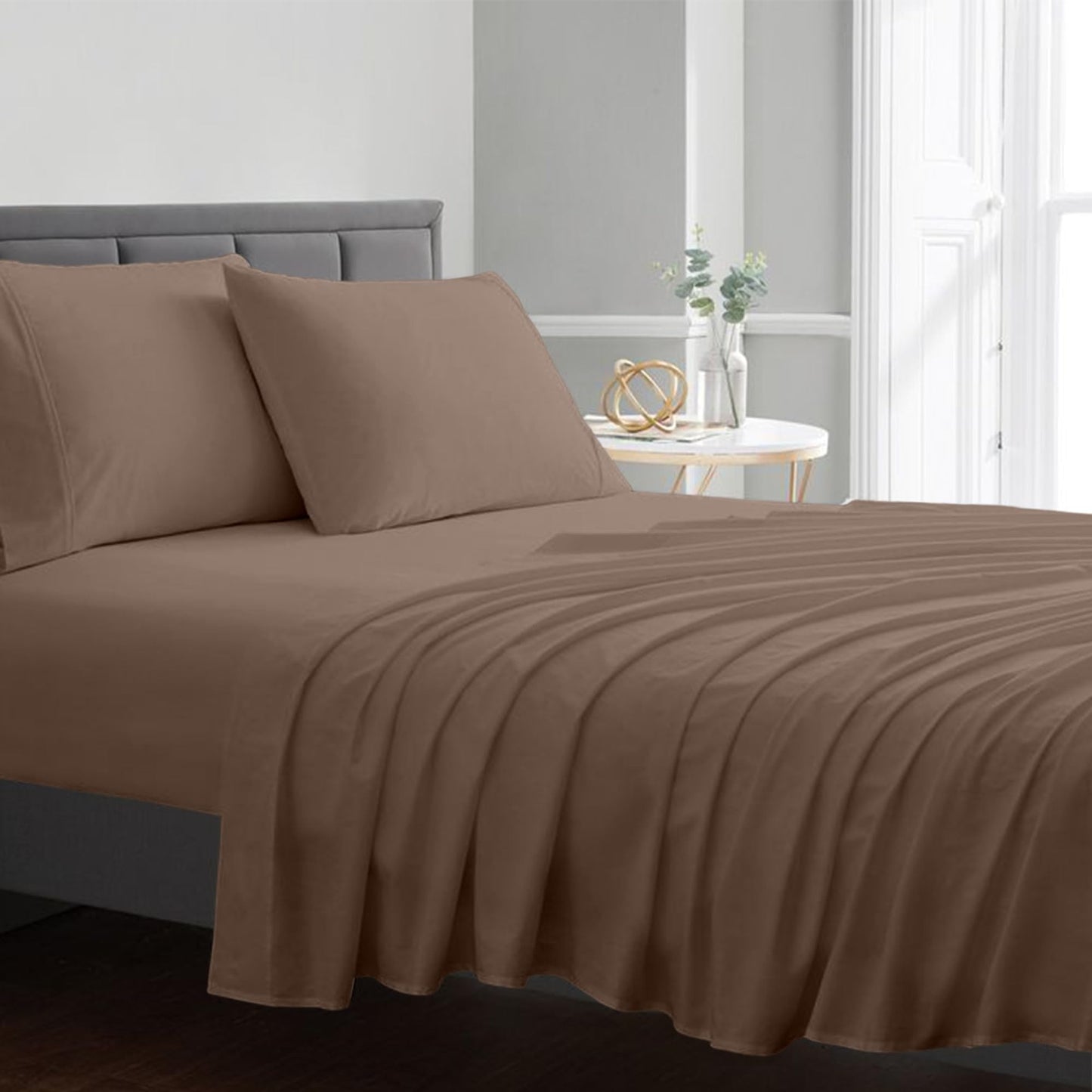 BLUECLANS Full Size Sheet Set Taupe High Thread Count Egyptian Cotton Bed Sheets 4 Piece Sateen Weave Bedding 18 inch Extra Deep Pocket Fitted Sheet, Soft Cooling bedsheet with 2 Pillowcases