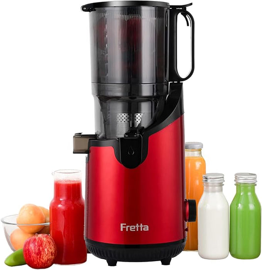 Cold Press Juicer Machines,Fretta Juicer Machines with PCTG Material from the USA,5.3" Extra Large Feed Chute Fit Whole Fruits & Vegetables,Truly BPA-Free,Easy to Clean,250W (Red, 1.8L)