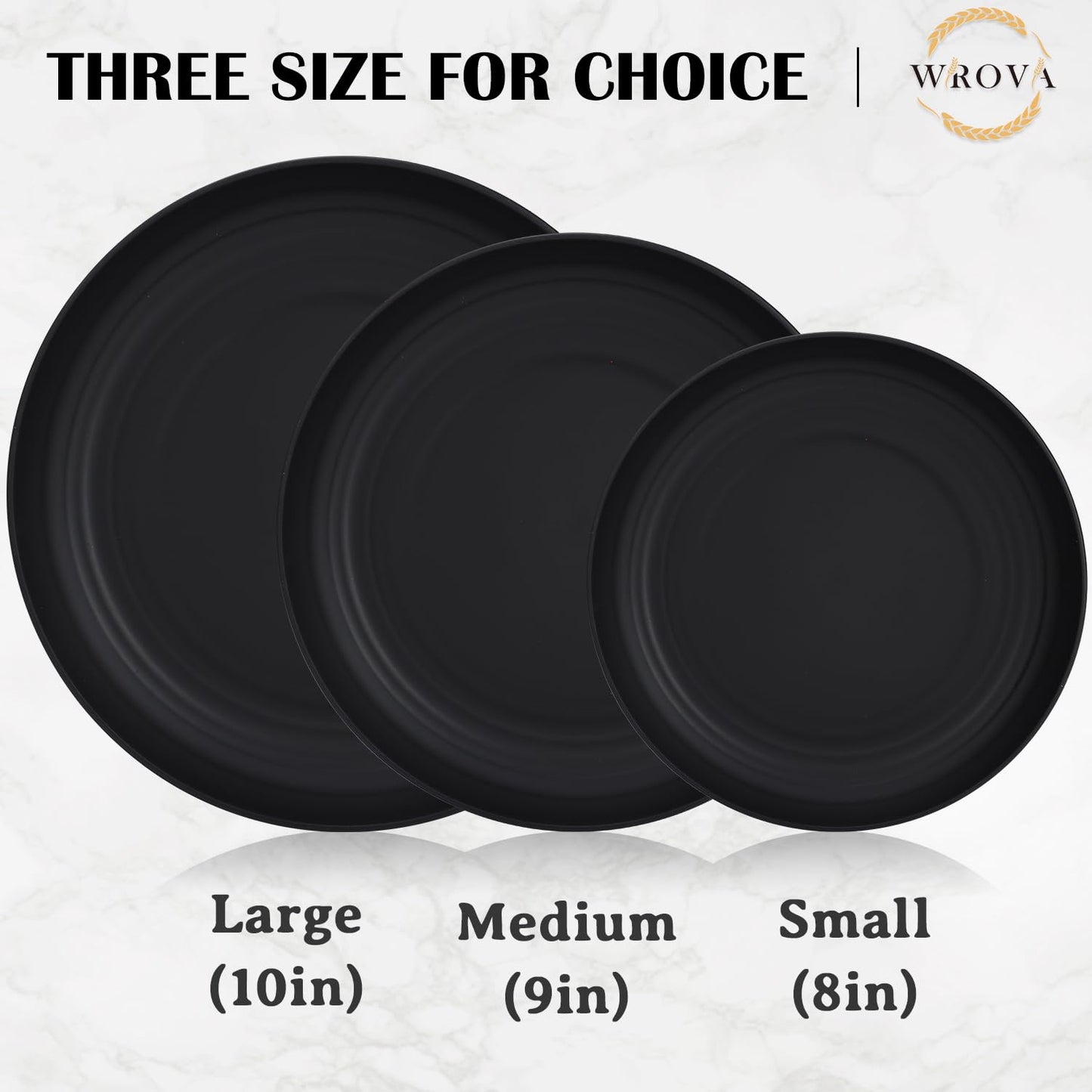 Wrova Wheat Straw Plates - 8 Inch Unbreakable Dinner Plates Set of 8 - Dishwasher & Microwave Safe Plastic Plates Reusable - Lightweight Plates for kitchen,R.V (pure black)