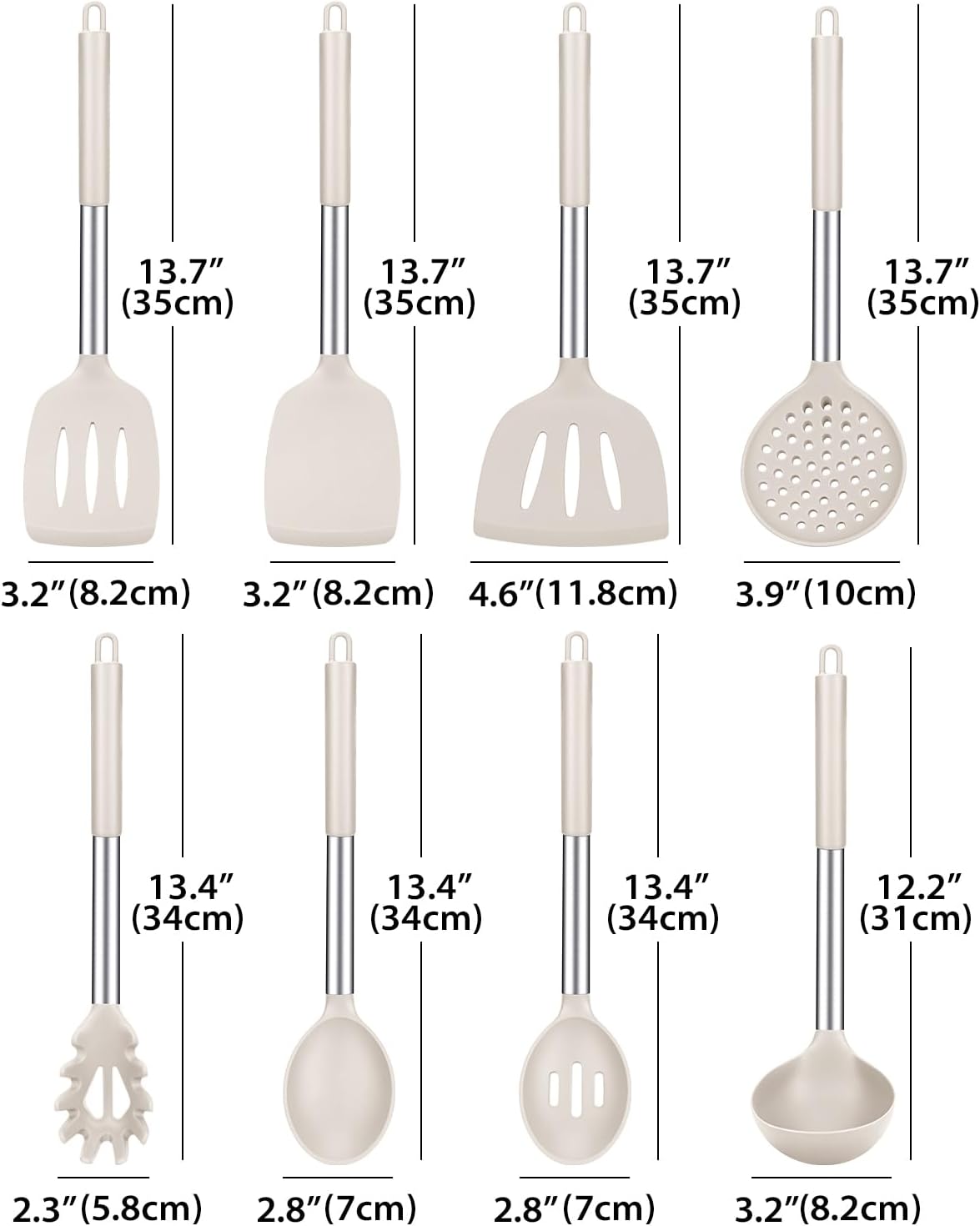 Silicone Cooking Utensil Set, 8Pcs Non-stick Cookwares with Stainless Steel Handle, BPA Free Heat Resistant Kitchen Tools with Spatulas, Turners, Spoons, Skimmer and Pasta Fork (KHAKI)