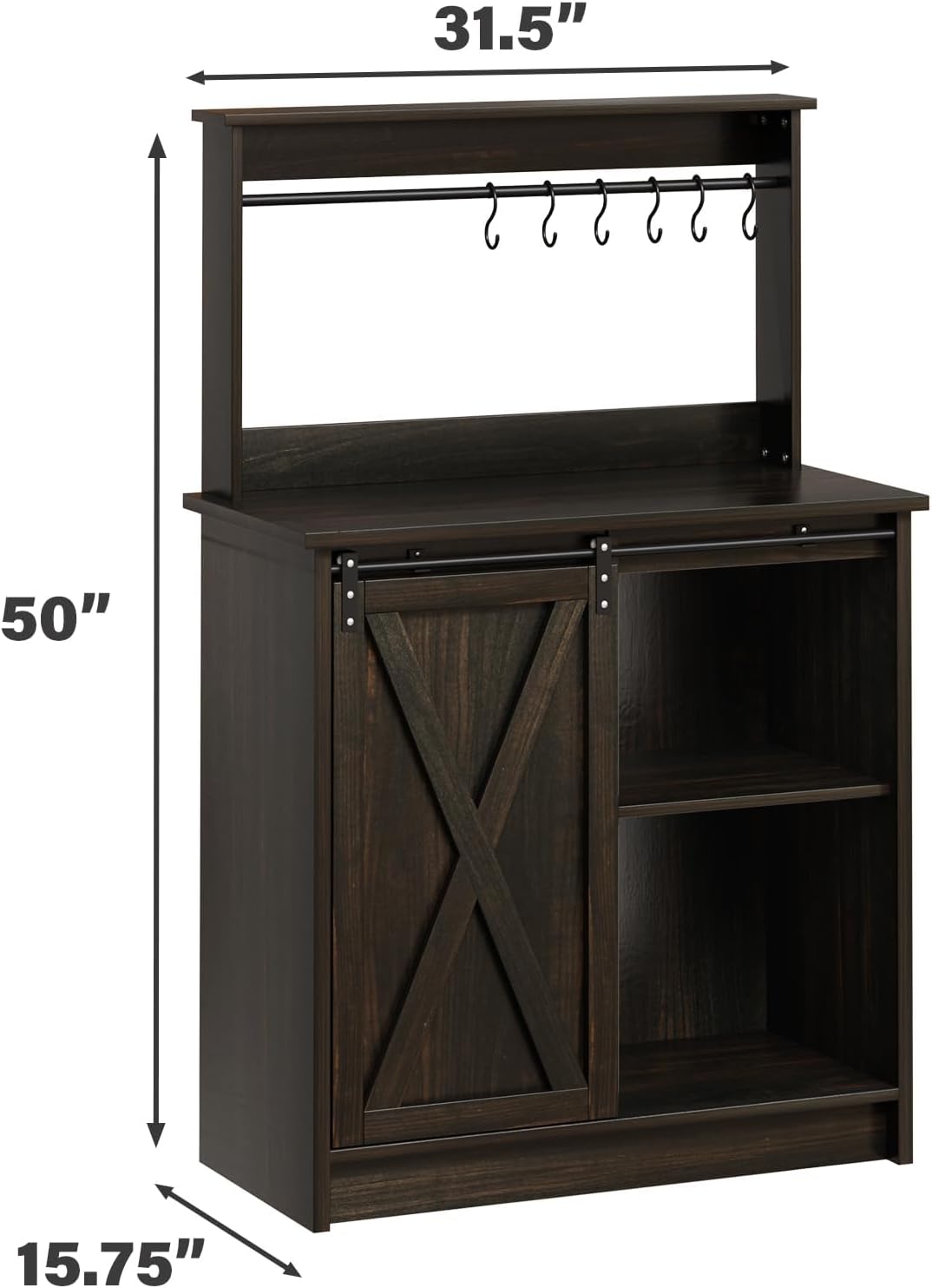 4ever2buy Farmhouse Coffee Bar with Hutch, 31 Inch Buffet Cabinet with Sliding Barn Door, Storage Bar Cabinet with 6 Hooks, Coffee Bar Table with Adjustable Shelves for Living Dining Room, Oak