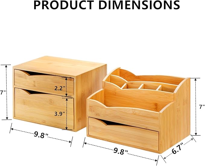 Yopay 2 Pack Bamboo Desk Organizer, Stackable Desktop Organizers with 3 Drawers, Bamboo Office Tabletop, Countertop Organization for Stationery, Makeup Vanity, Fully Assembled