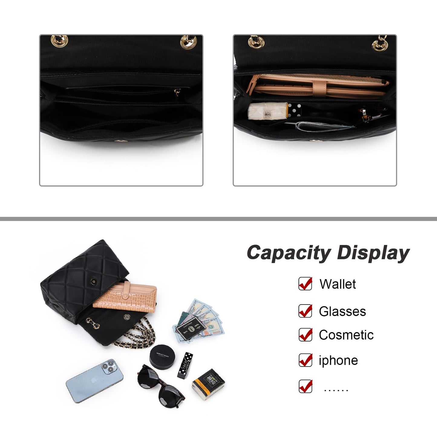 Gladdon Quilted Crossbody Purses for Women Small Ladies Shoulder Bags with Chain Trendy Clutch Purse Cute Designer Bag Black