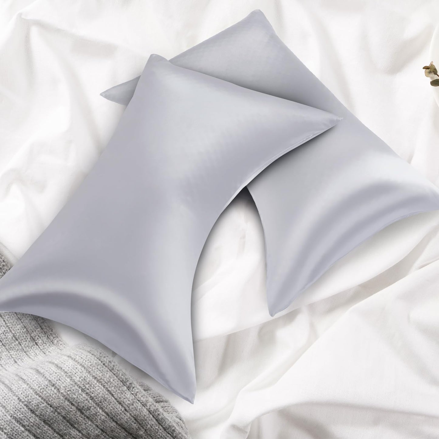 HOMBYS Curved Pillow Cases Queen Size 2 Pack-Silky Satin Side Sleeper Pillowcase Cover with Zipper-Smooth, Soft and Breathable for Hot Sleepers Hair and Skin (Queen-20 x30, Silver Grey)