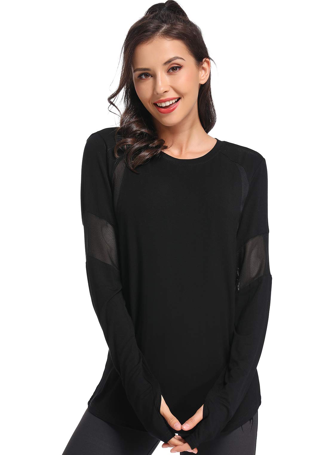 Muzniuer Women's Long Sleeve Yoga Workout Shirt - Breathable Activewear with Thumb Hole (Black, S)