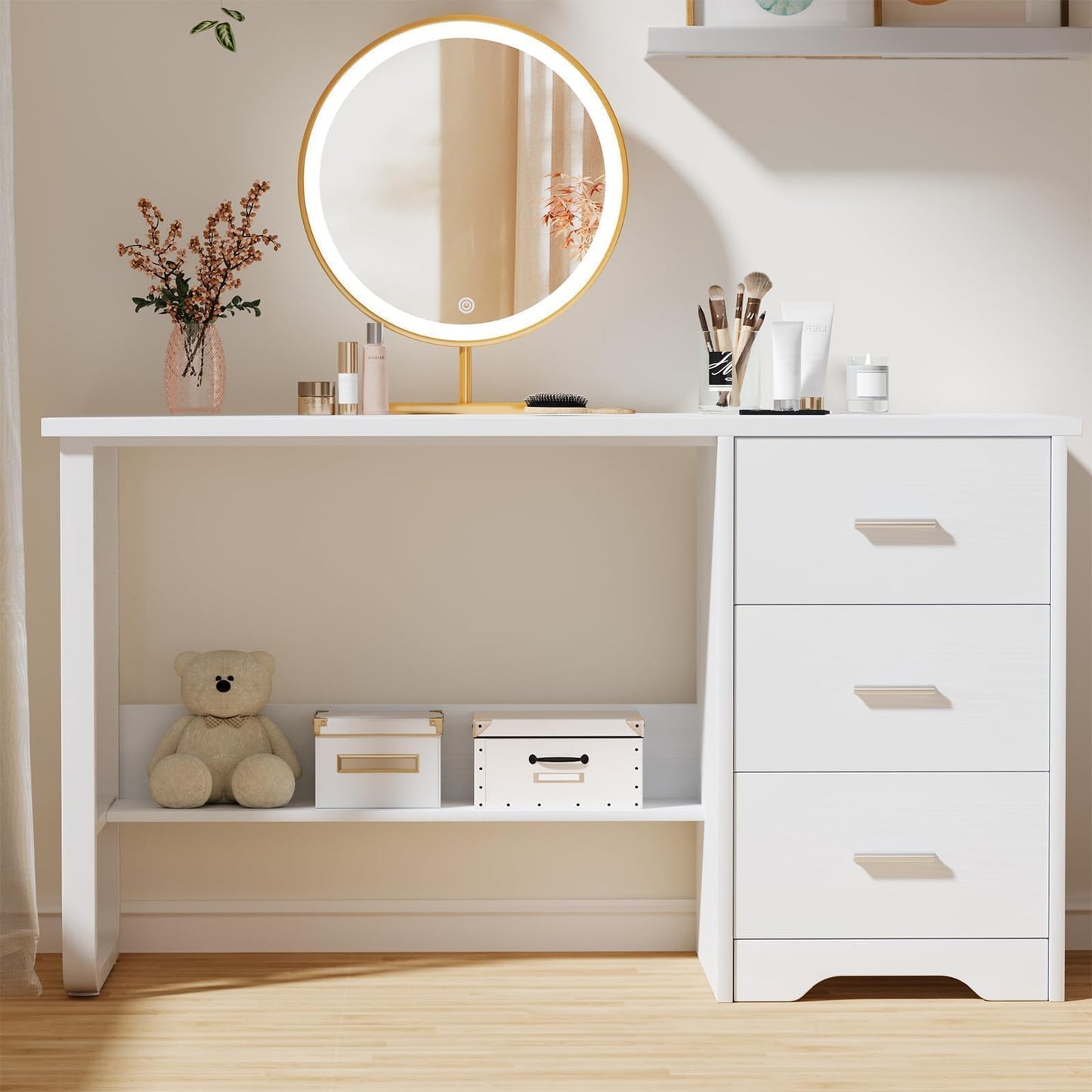 MaverickFurni White Desk with 3 Drawers, 47 Inch Computer Desk with Drawers for Bedroom, Small Home Office Desk with File Cabinet, Bottom Shelves for Small Spaces