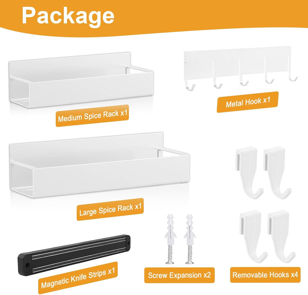 4 Pack Magnetic Spice Rack for Refrigerator,Metal Magnetic Shelf White with Hook,Magnetic Knife Rack,4 Hooks,Space Saving for Home,Kitchen