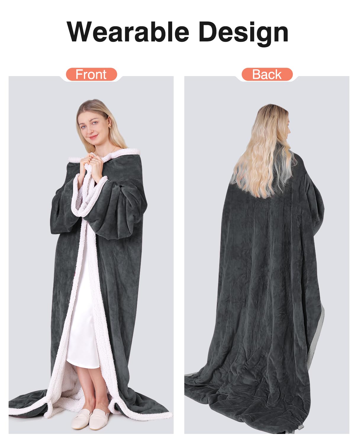 Wearable Heated Blanket with Sleeves, Electric Heated Blanket for Gifts, Electric Throw Wrap Poncho Shawl with Pockets, 6 Heating Levels & 4 Hours Time Settings, 50 x 70 Inch (Grey)