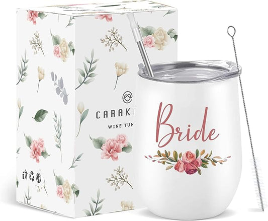 CARAKNOTS Bride Tumbler 12 oz - Insulated Stainless Steel Wine Tumbler with Lid and Straw - Bridal Shower, Engagement & Wedding Morning Gift, Keepsake for the Bride Futrue Mrs Cup