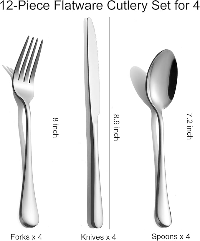 12-Piece Silverware Set for 4 - Stainless Steel Flatware Cutlery Set Service for 4, Mirror Polished Flatware Set Include Forks Spoons Knives for Home, Wedding, Restaurant, Dishwasher Safe