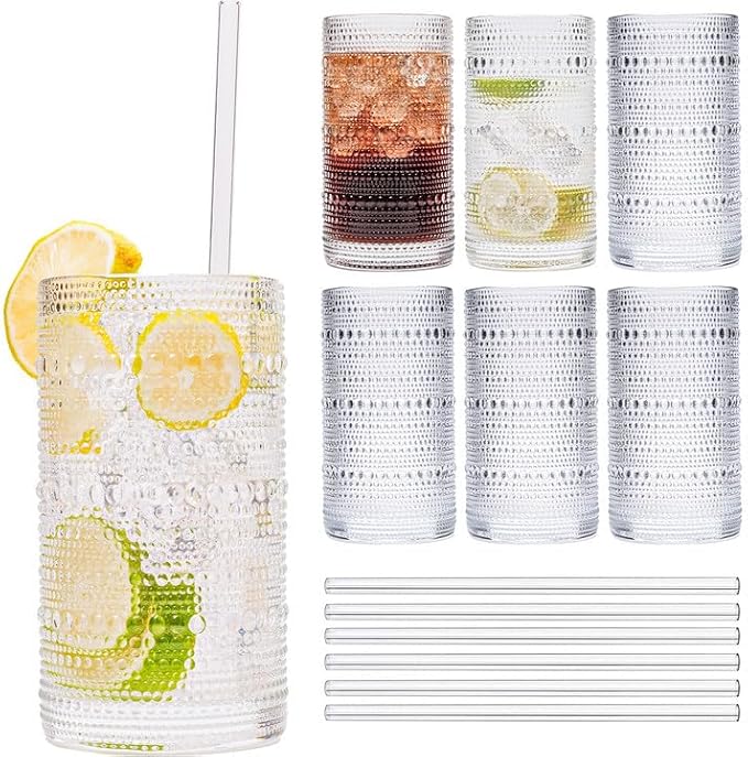 Hobnail Drinking Glasses Vintage Glassware SetVintage Glassware Set (6CLEAR-ADD STRAWS)