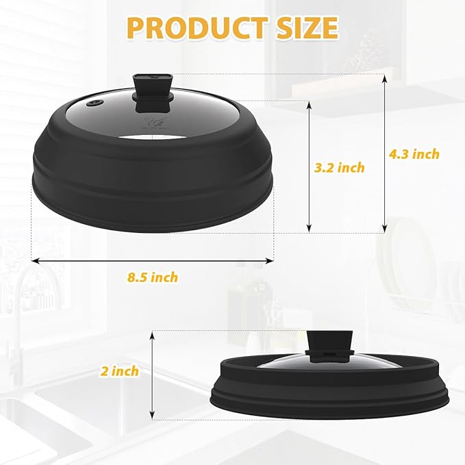 Microwave Splatter Cover Glass Splatter Guard Lid with Collapsible Silicone for Food Plate Covers 8.5 inch Black