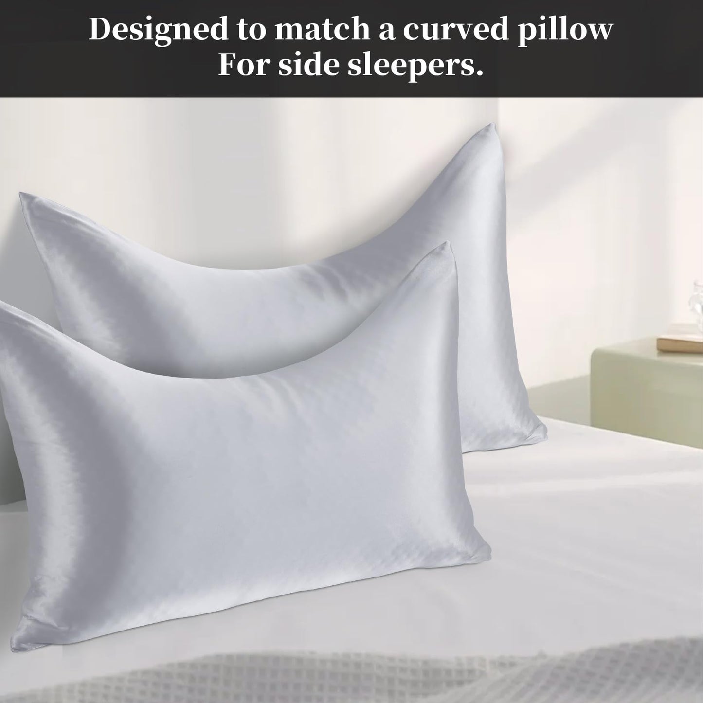 HOMBYS Curved Pillow Cases Queen Size 2 Pack-Silky Satin Side Sleeper Pillowcase Cover with Zipper-Smooth, Soft and Breathable for Hot Sleepers Hair and Skin (Queen-20 x30, Silver Grey)