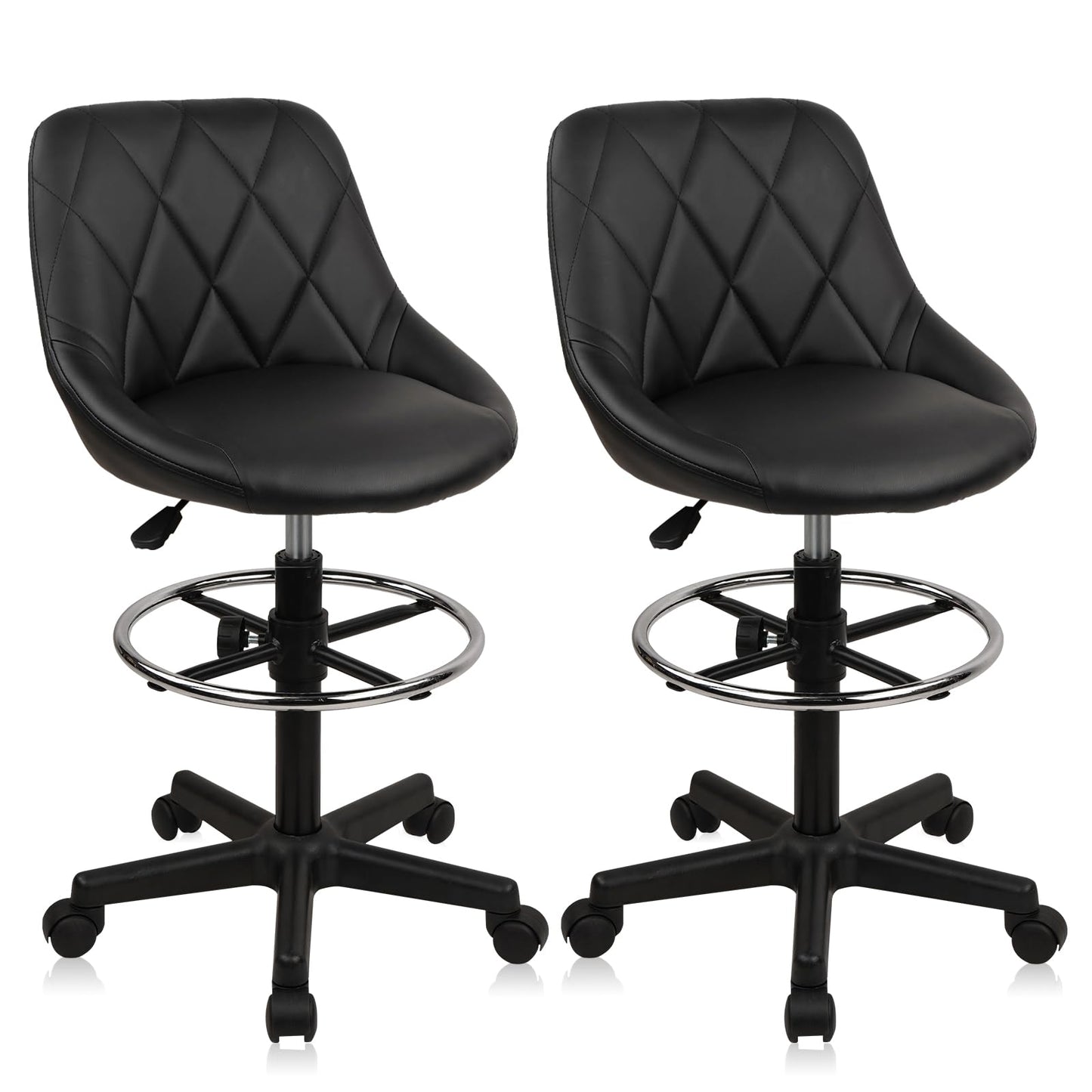 KLASIKA Drafting Chair with Backrest and Wheels, Adjustable Footrest Height Rolling Stool, PU Leather Tall Swivel Chairs Work Shop Office Desk Stools for Kitchen Home Bar, Black, 2 Pack