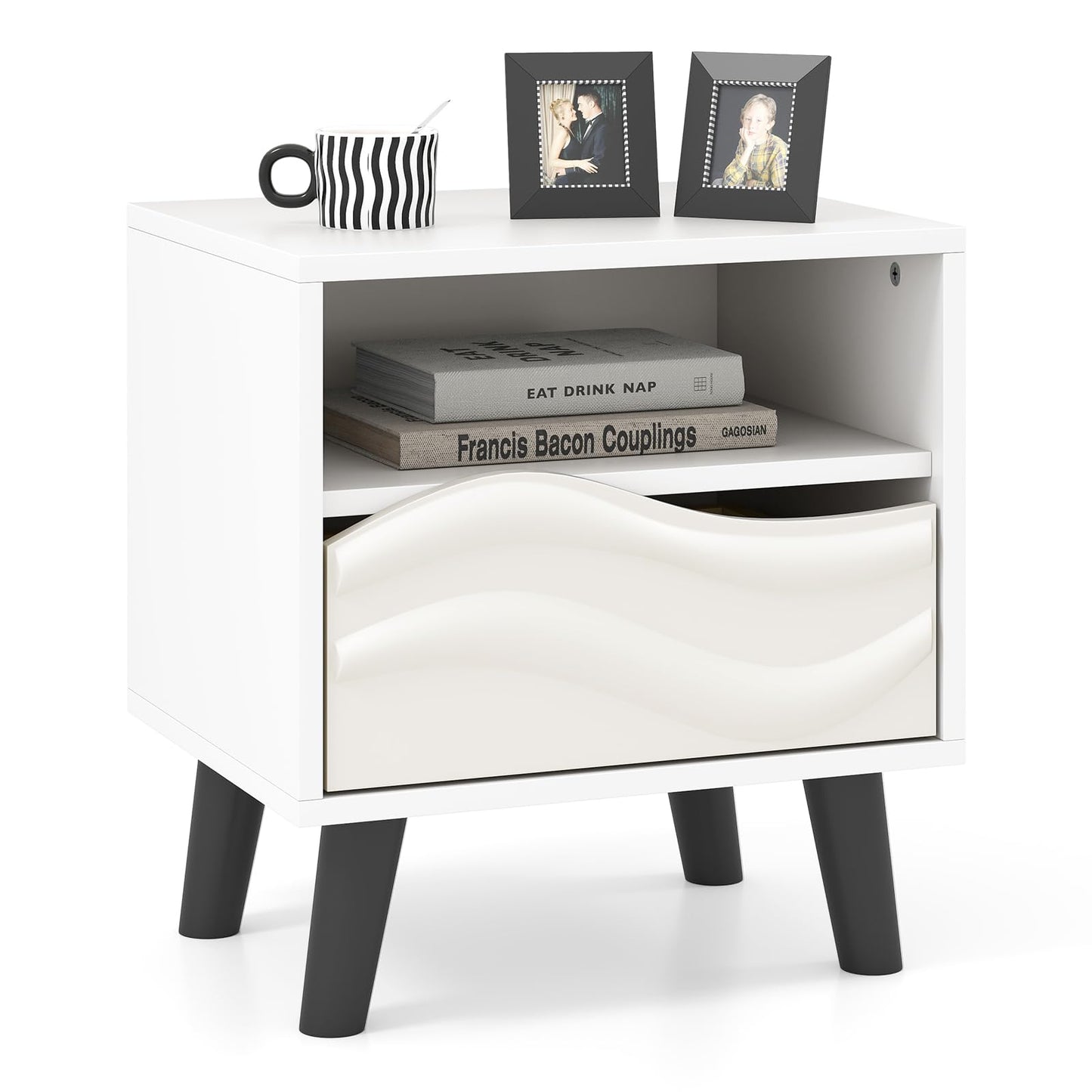 Giantex Mid Century Modern Nightstand, Wood Bedside Table with 3D Wavy Pattern & Open Shelf, Sofa Side Table, Night Stand for Small Space, Bedroom, White