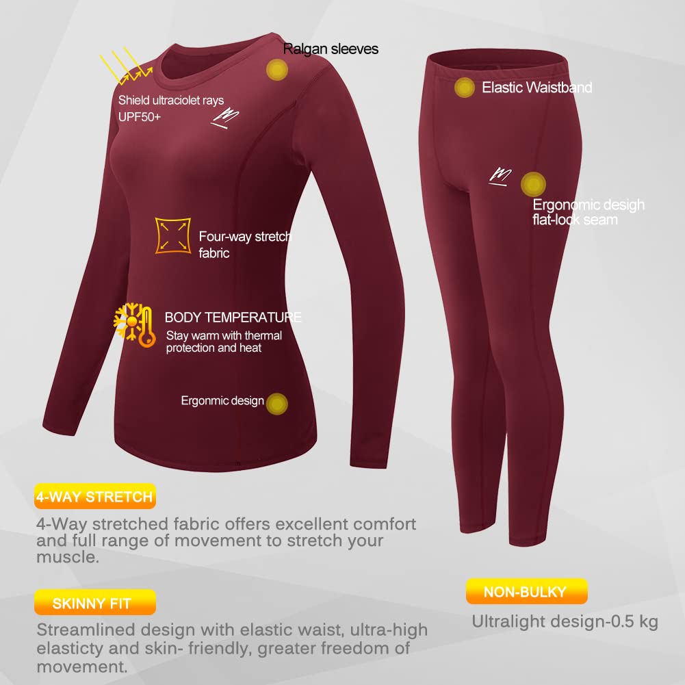 MeetHoo Thermal Underwear for Women, Winter Warm Base Layer Compression Set, Fleece Lined Long Johns Running Skiing Red