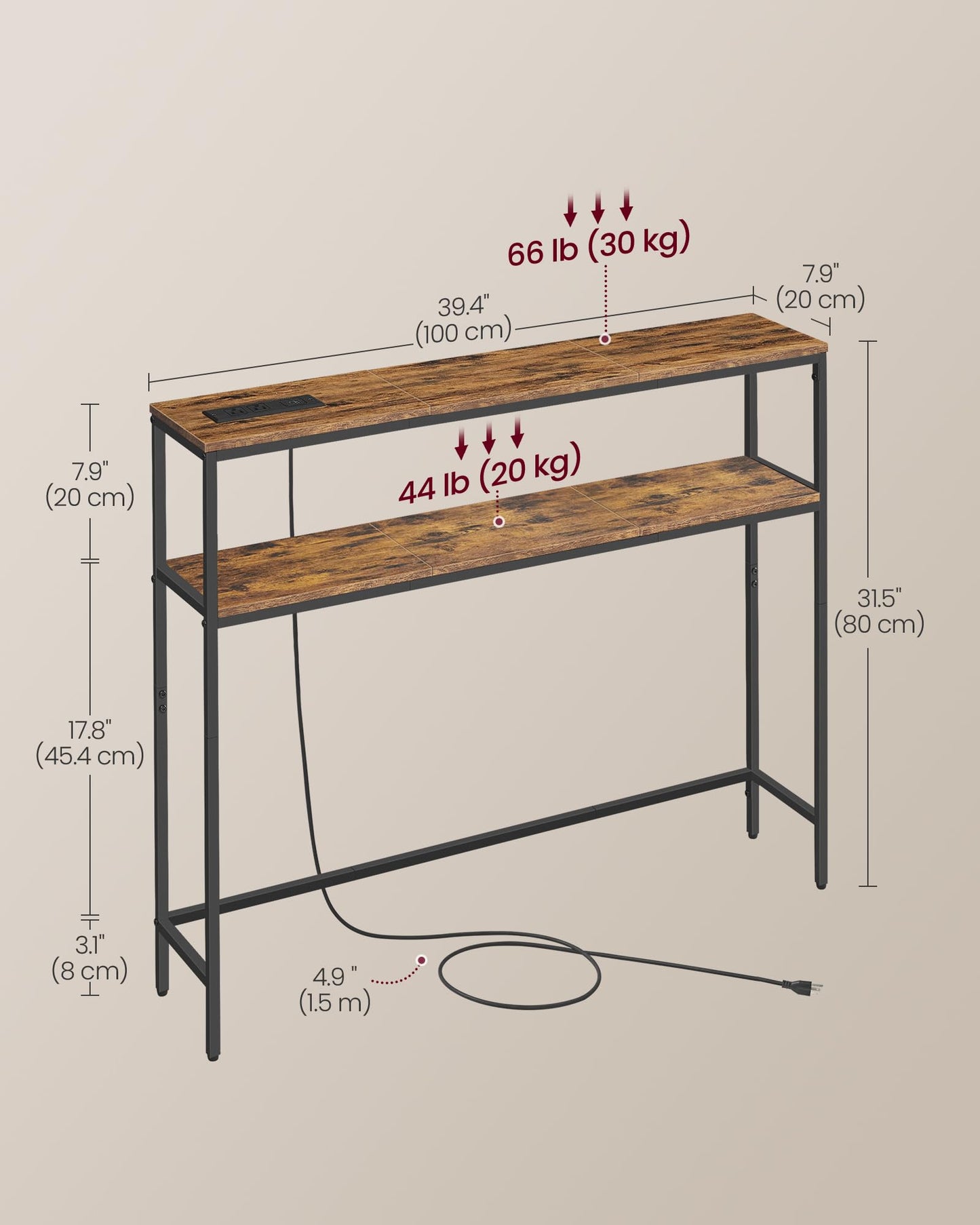 VASAGLE Console Table with Power Outlet, 2-Tier Narrow Sofa Table with 2 Shelves, 7.9 x 39.4 x 31.5 Inches, for Living Room, Hallway, Entryway, Rustic Brown and Ink Black ULNT136K01