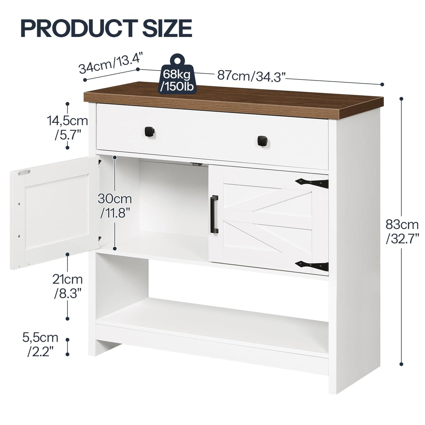 HOOBRO 34.3 Inches Farmhouse Console Table with Large Drawer and 2-Door Cabinet, Entryway Table with Storage, Sofa Table, Coffee Bar, for Entrance, Kitchen, Living Room, Walnut and White WH90XG01