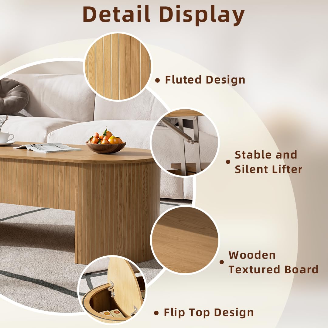 Lift Top Coffee Table with Hidden Storage Compartment, Oval Wooden Coffee Table with Lift Tabletop for Living Room, Modern Rustic Center Table for Home Office, 47 Inch (Wood)