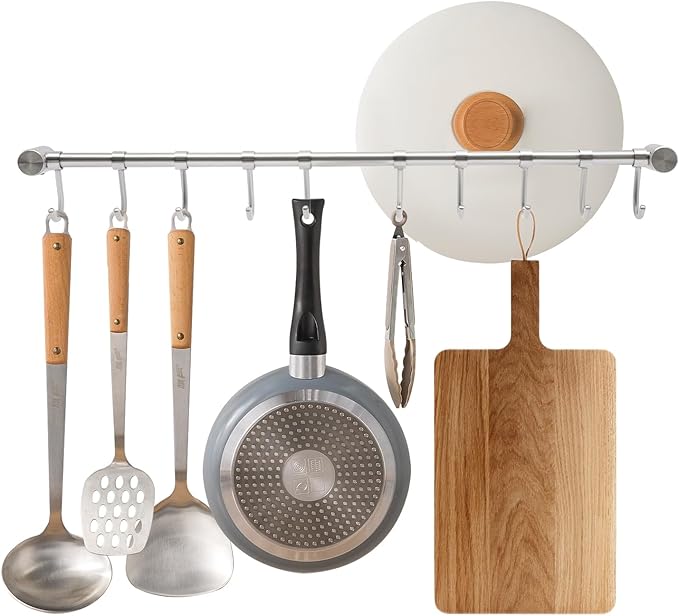 Kitchen Hanging Racks 304 Stainless Steel 20 Inch Rail Utensil Storage Hanger with 10 Pcs Noiseless Sliding Hooks, Wall Mounted Rod Holder for Pots Pan Spatula Spoon Cookware Mug Cup (Silver)